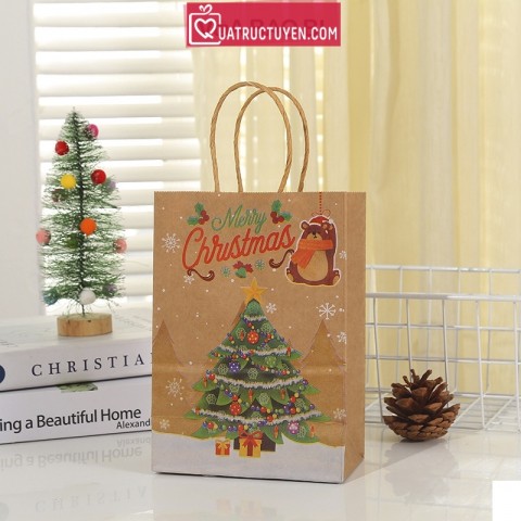 Túi giấy màu kraft nền nâu xi măng in hình Giáng Sinh TU12