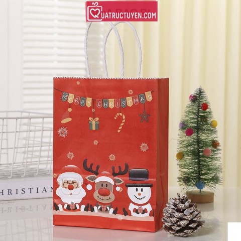Túi giấy xi măng kraft nền đỏ in hình Giáng Sinh TU11