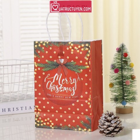 Túi giấy xi măng kraft nền đỏ in hình Giáng Sinh TU11
