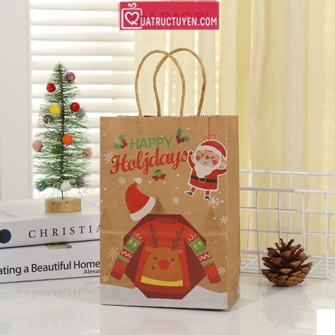 Túi giấy màu kraft nền nâu xi măng in hình Giáng Sinh TU12