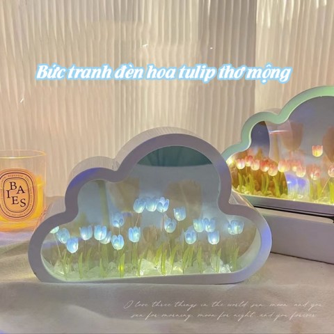 Gương để bàn kiêm đèn led vườn hoa tulip DIY ( Mẫu đã được gắn sẵn hoa bên trong)