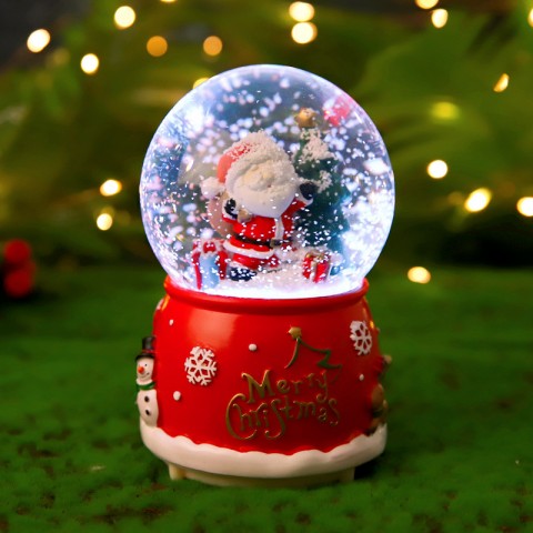 Hộp nhạc quả cầu giáng sinh Ông già Noel đeo túi quà 