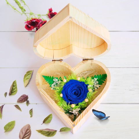 Hoa hồng bất tử hộp gỗ trái tim - Hồng xanh
