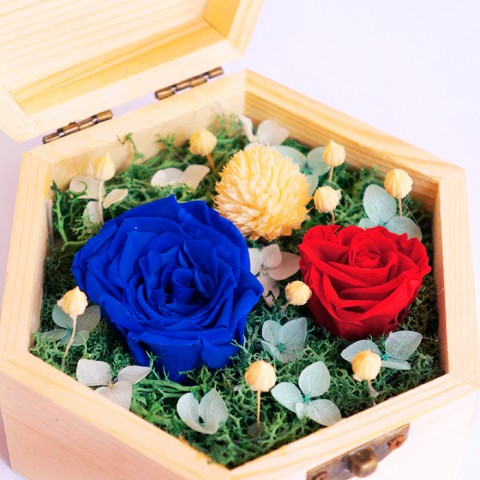 Hoa hồng bất tử hộp gỗ lục giác - Hồng xanh