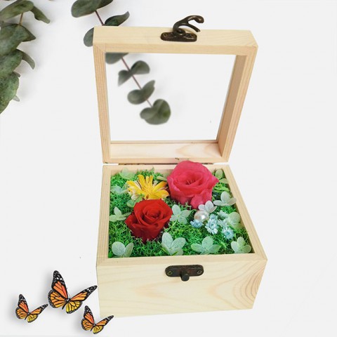 Hoa hồng bất tử hộp gỗ vuông - Hồng phấn