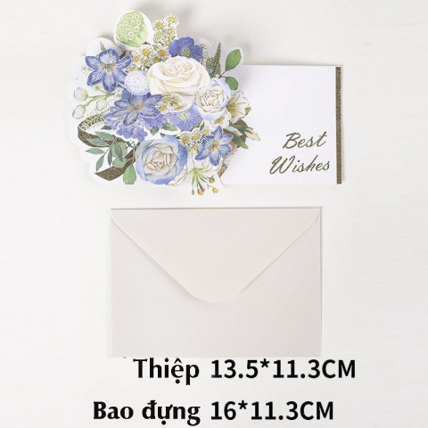 Thiệp lật 3D bằng giấy hình bó hoa kèm phong bì bao thư độc đáo TH06 xanh