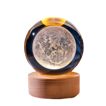 Đèn quả cầu pha lê 3D đế gỗ 8cm - mặt trăng
