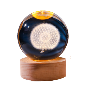 Đèn quả cầu pha lê 3D đế gỗ 8cm - bồ công anh