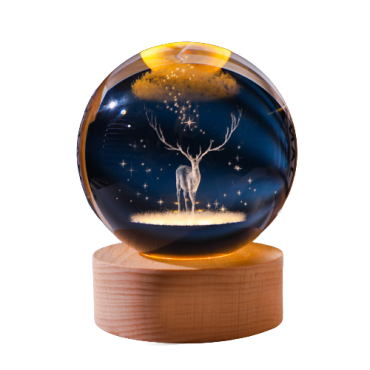 Đèn quả cầu pha lê 3D đế gỗ 8cm - tuần lộc