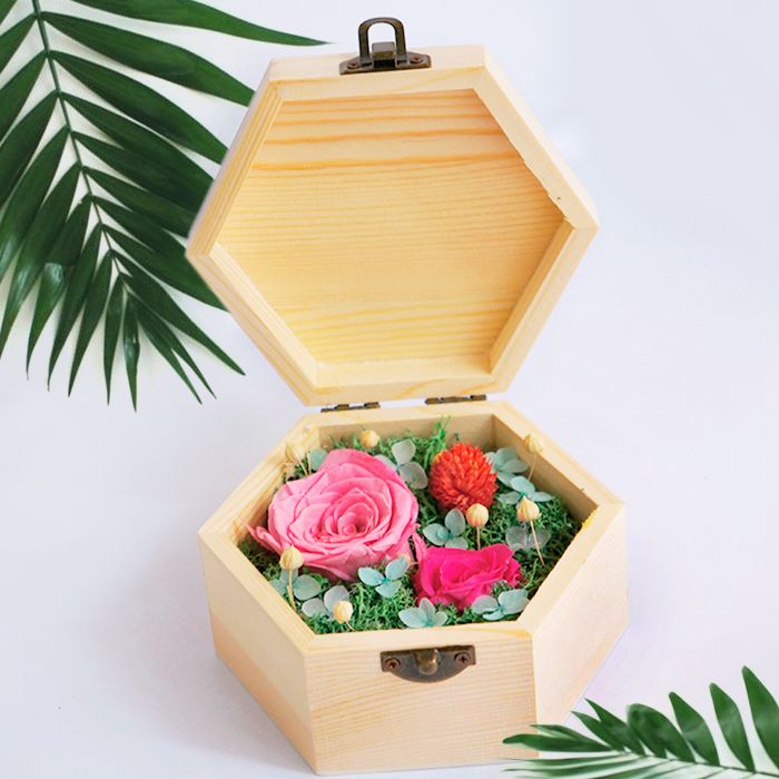 hoa hồng bất tử hộp gỗ lục giác hồng phấn
