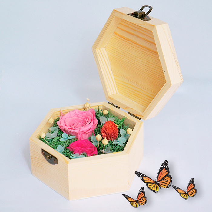 hoa hồng bất tử hộp gỗ lục giác hồng phấn
